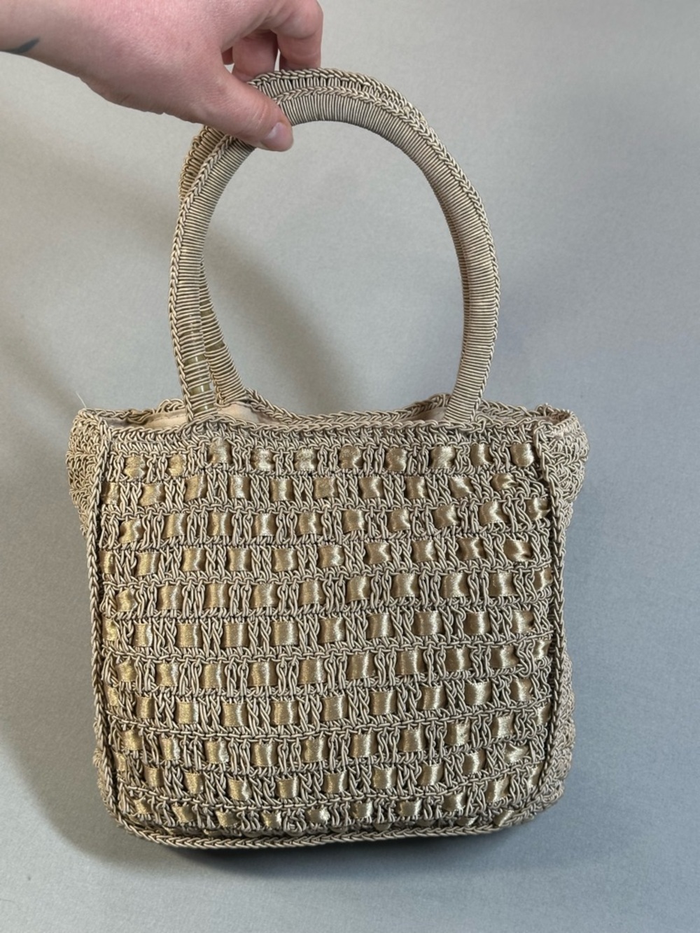 Frankie & Johnnie Small Crocheted Handbag, Woven w/ Ribbons, Tan/Neutral